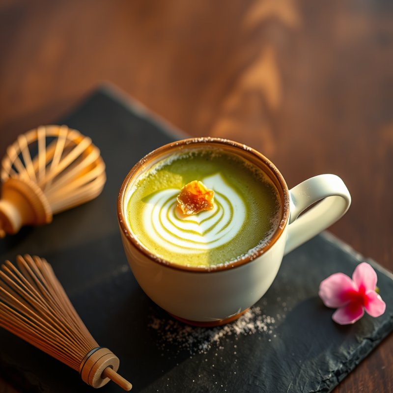 Steaming Cup of Matcha Latte Glowing in Warm Amber Light