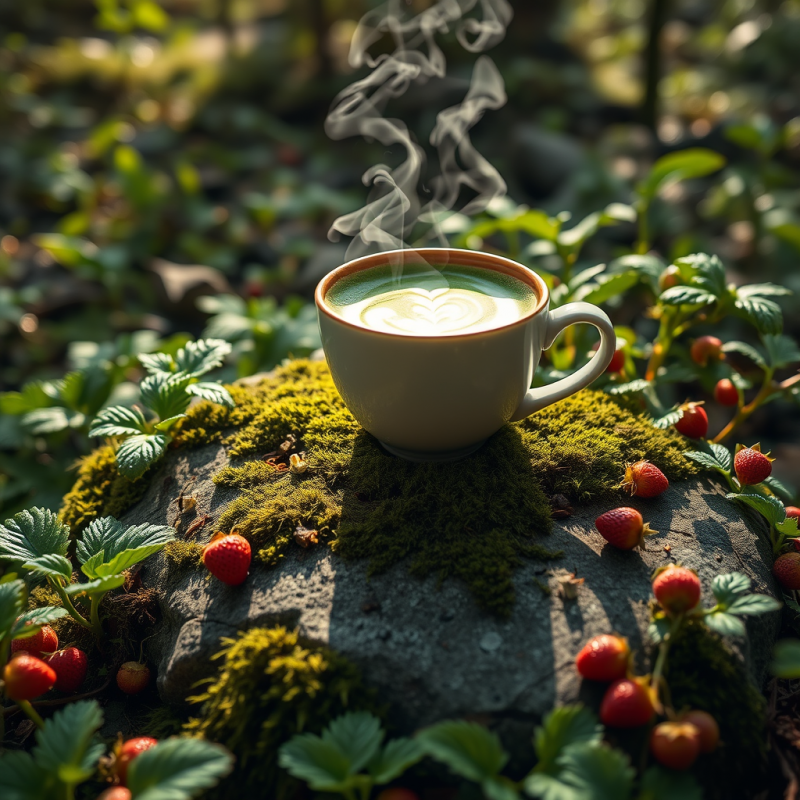 Steaming Cup of Matcha Latte with Gold Leaf Swirls Sits...