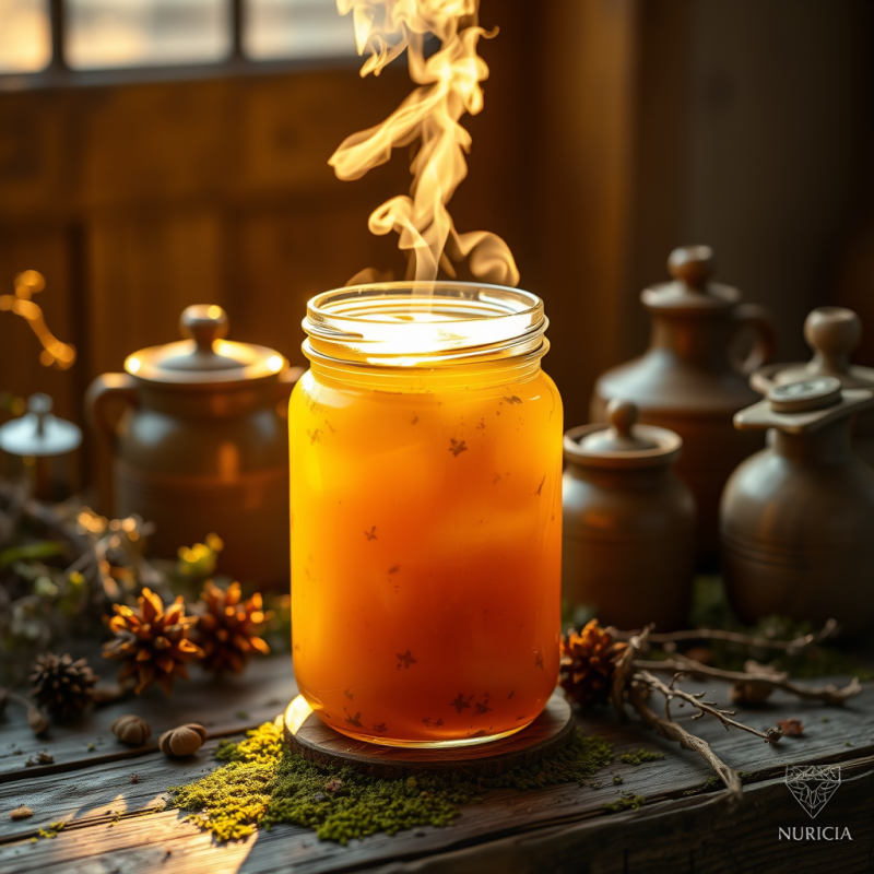 Steaming Glass Jar of Golden Honeycomb Fermented Tea Gl...