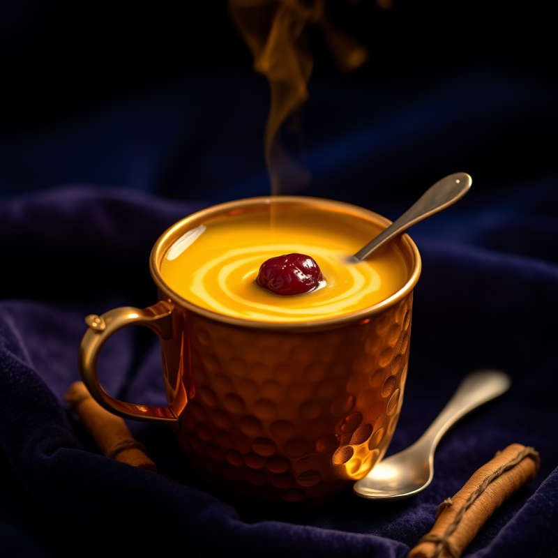 Steaming Golden Beverage in a Textured Copper Mug,