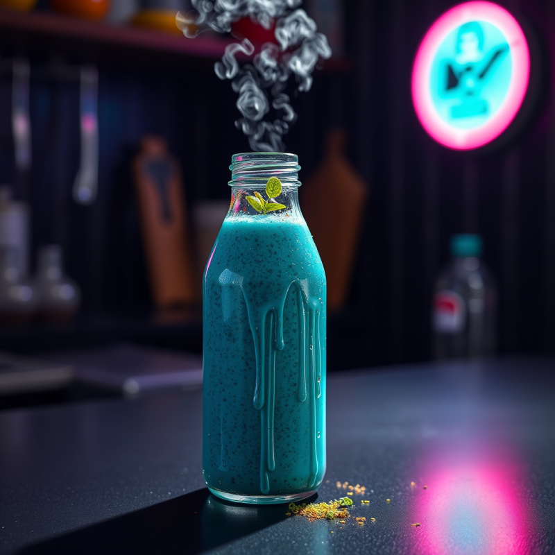 Steaming Turquoise-blue Spirulina Smoothie in a Recycle...