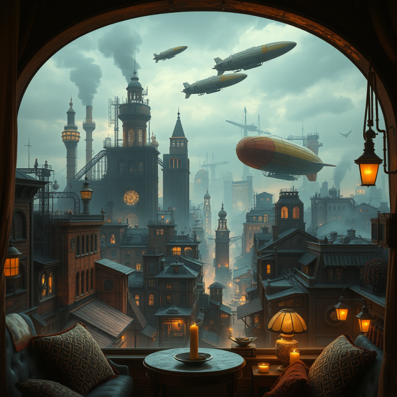 Steampunk Cityscape with Airships Industrial Fantasy