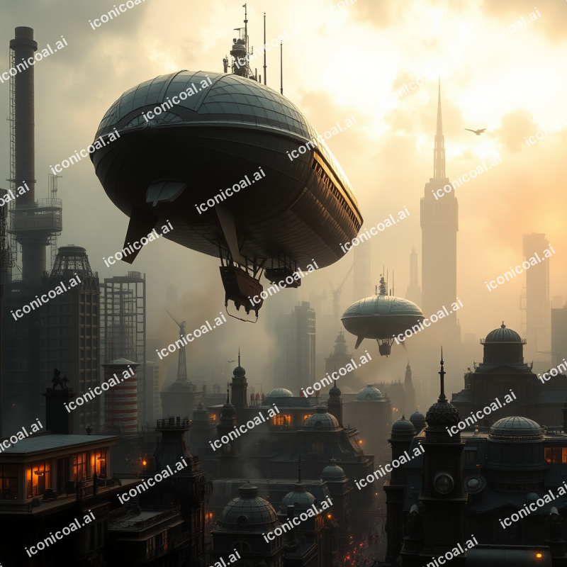 Steampunk Cityscape With Airships Industrial Fantasy