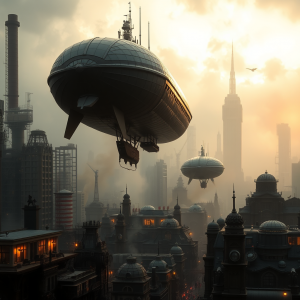 Steampunk Cityscape With Airships Industrial Fantasy