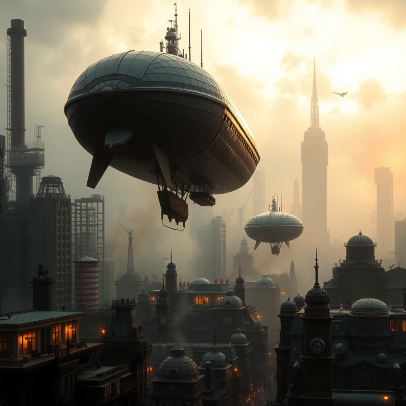Steampunk Cityscape with Airships Industrial Fantasy