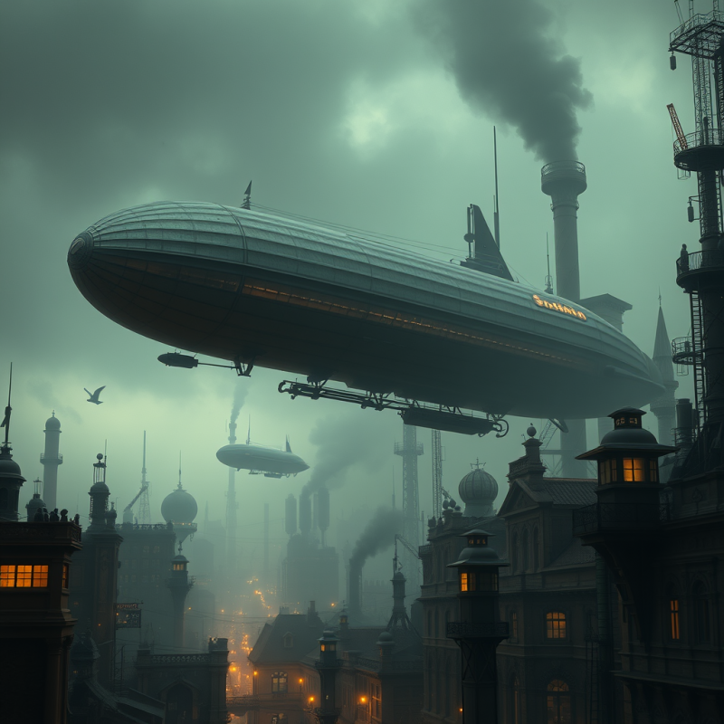 Steampunk Cityscape with Airships Industrial Fantasy