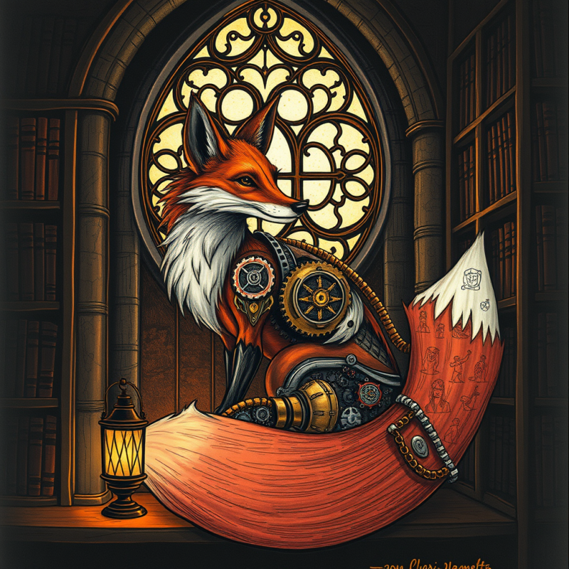 Steampunk Fox Adorned with Gears and Brass, Sitting