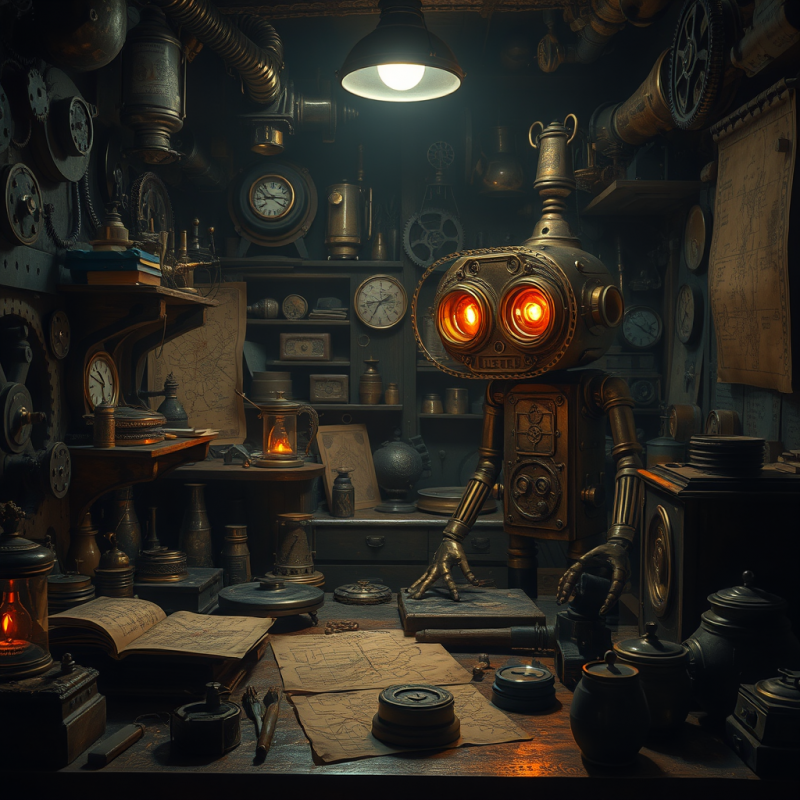 Steampunk Inventor’s Cluttered Workshop at Midnight