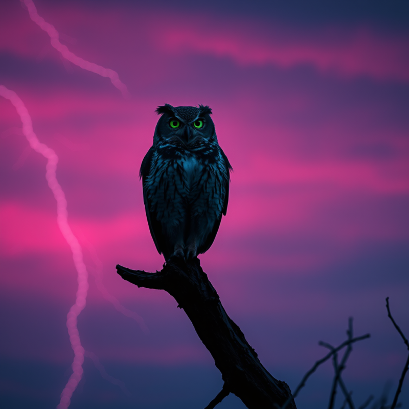 Striking Owl with Glowing Green Eyes Perches on a