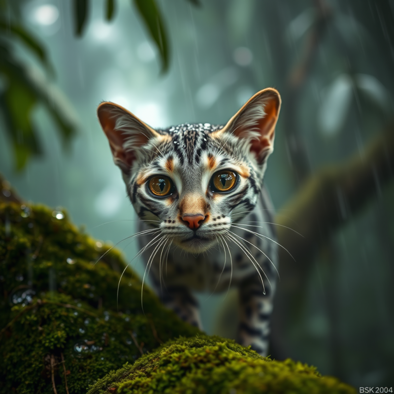 Striking Spotted Kitten Peers Through Rain-drenched