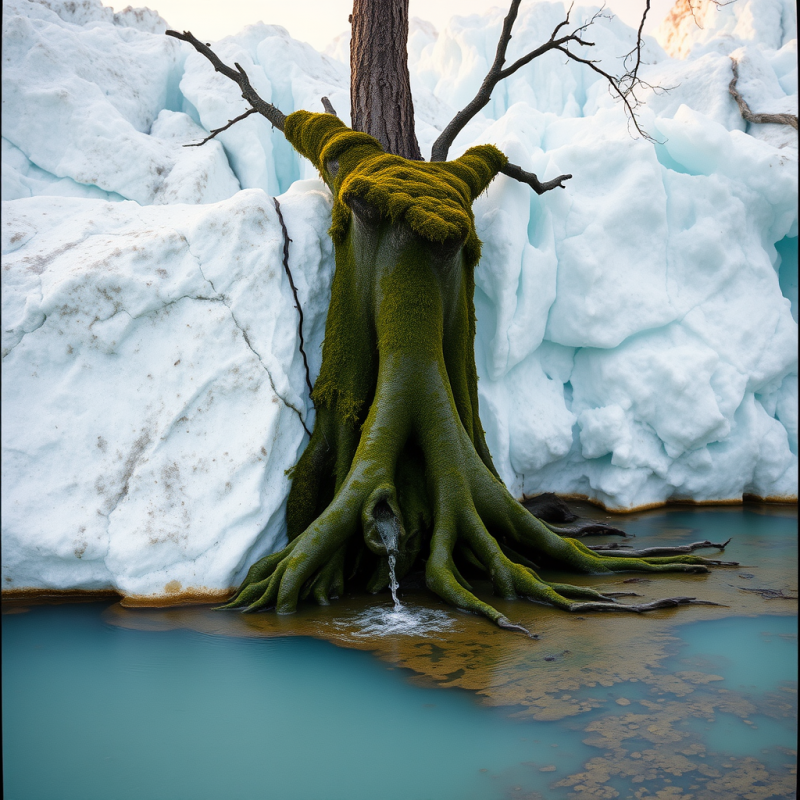Striking Tree with Vibrant Green Moss Grows from Icy