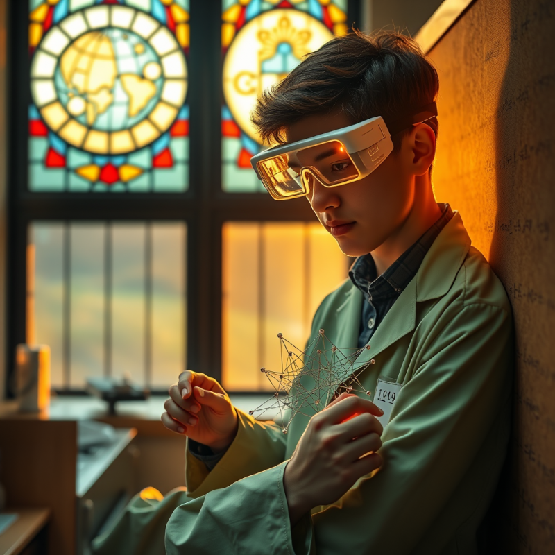 Student in a Moss-green Lab Coat and Glowing Ar Glasses...