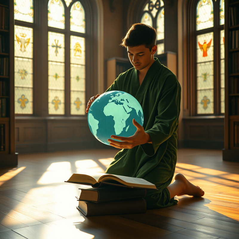 Student in a Moss-green Velvet Robe Kneels on a Sun-dap...