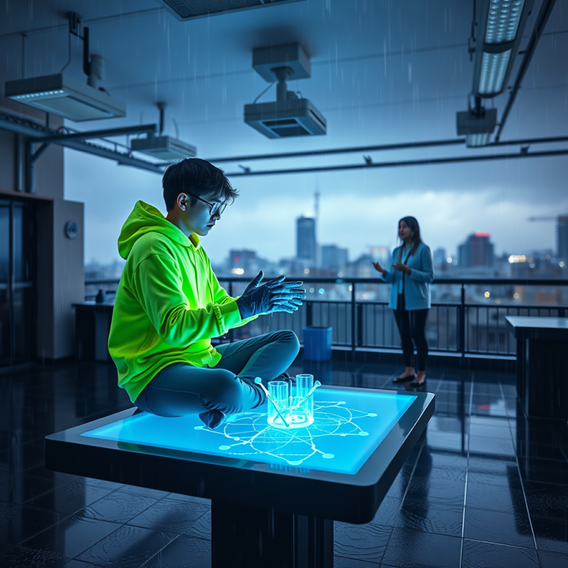 Student in a Neon-green Cyberpunk-style Hoodie Sits Cro...