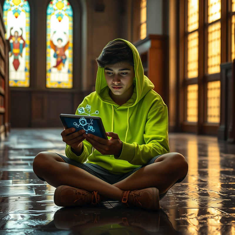 Student in a Neon-green Hoodie Sits Cross-legged on a R...