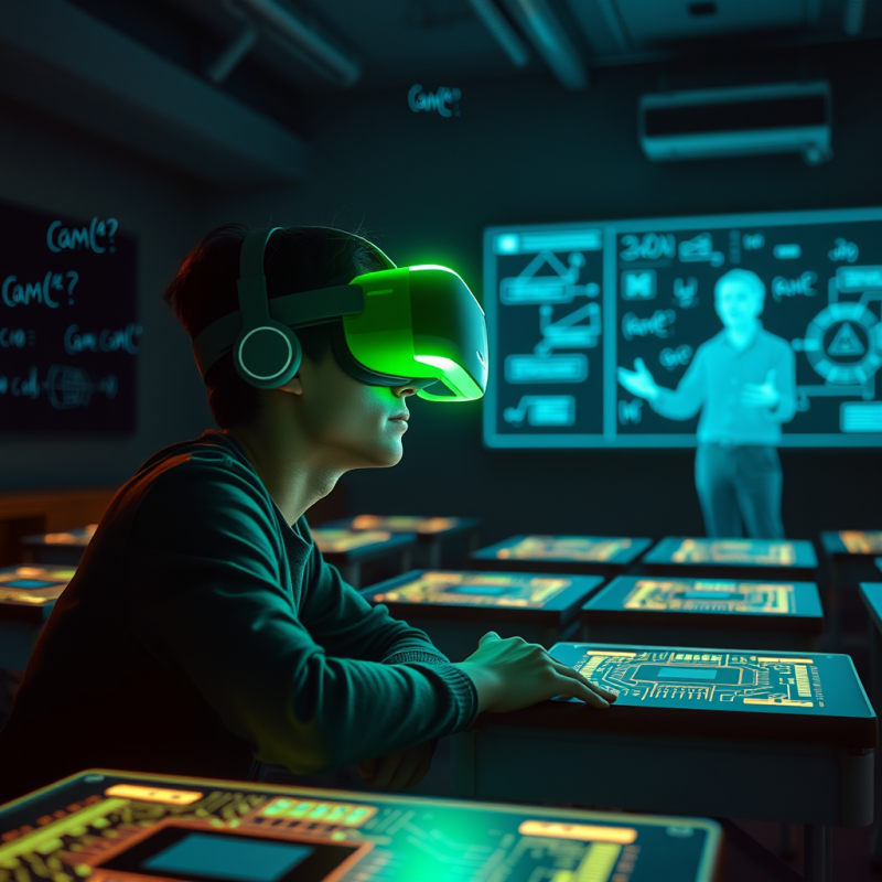 Student in a Neon-green Vr Headset Leans Forward Intent...