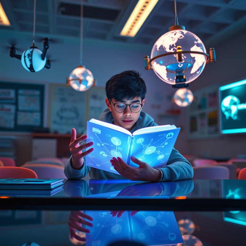 Young Student Reading Futuristic Book