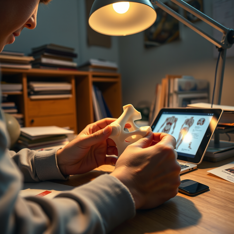 Student Intently Examines a Human Bone Model Under