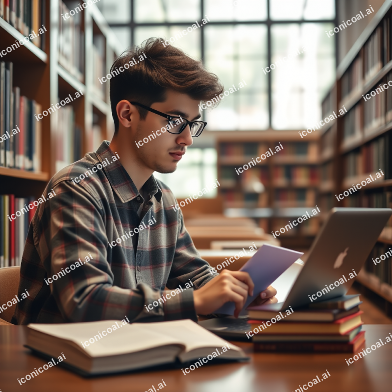 Student Studying At Library With Laptop And Books Natural...