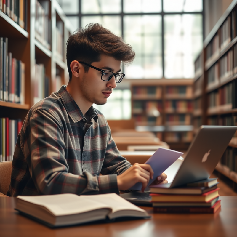 Student Studying At Library With Laptop And Books Natural...