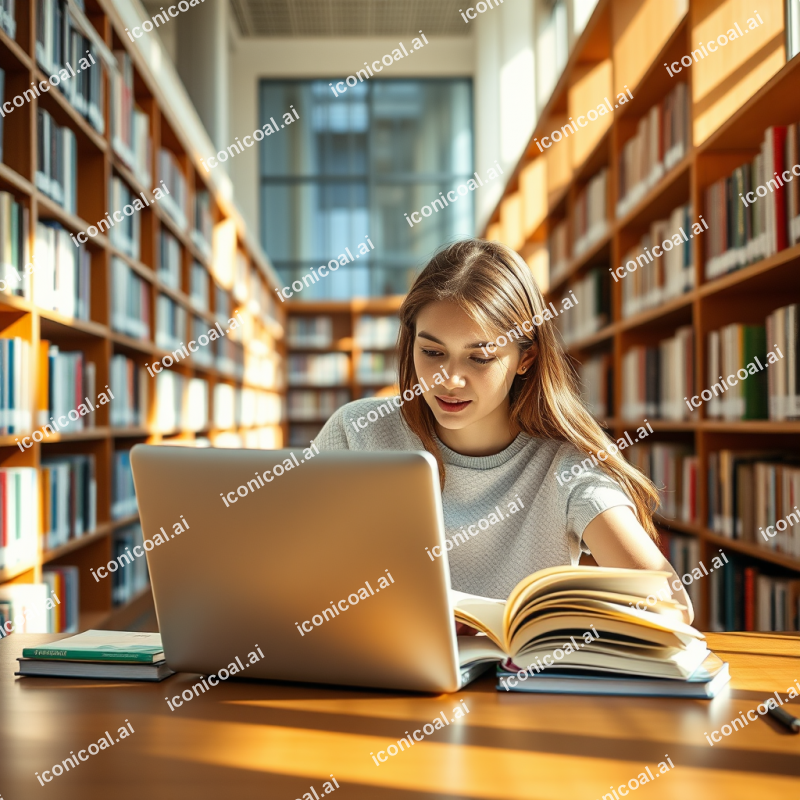 Student Studying At Library With Laptop And Books Natural...