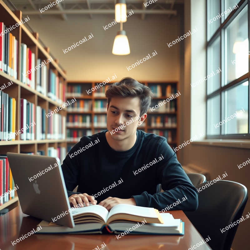 Student Studying At Library With Laptop And Books Natural...