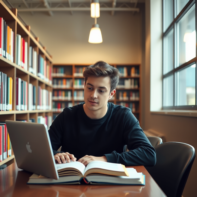 Student Studying at Library with Laptop and Books Natural...