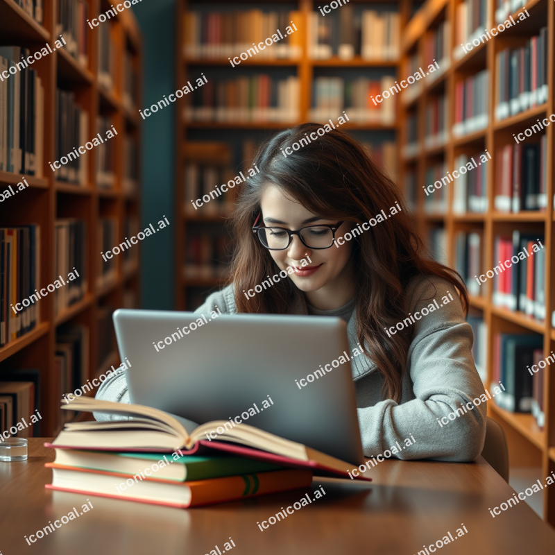 Student Studying At Library With Laptop And Books Natural...