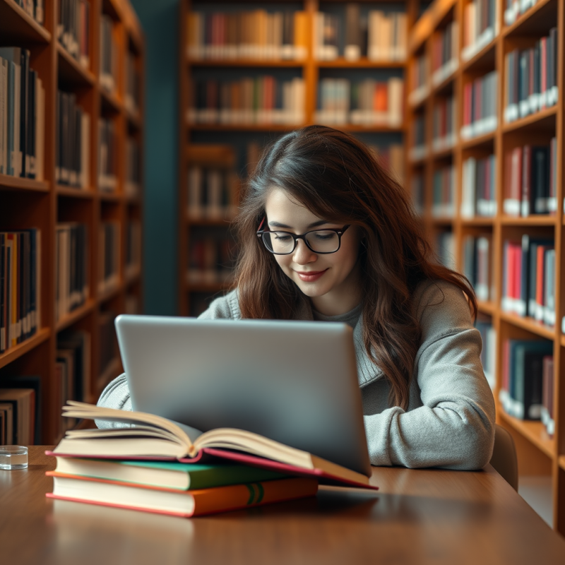 Student Studying at Library with Laptop and Books Natural...