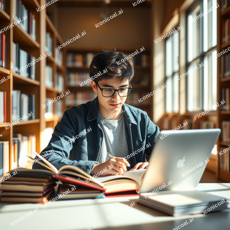Student Studying At Library With Laptop And Books Natural...