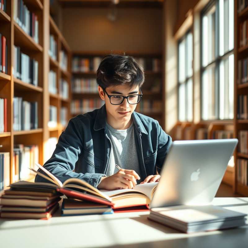 Student Studying at Library with Laptop and Books Natural...