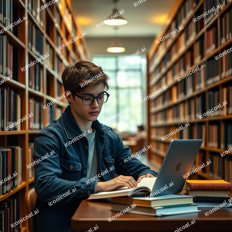 Student Studying At Library With Laptop And Books Natural...
