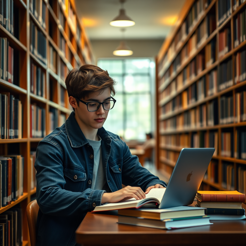 Student Studying at Library with Laptop and Books Natural...