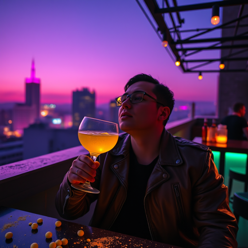 Stylish Man in Glasses and a Leather Jacket Enjoys a