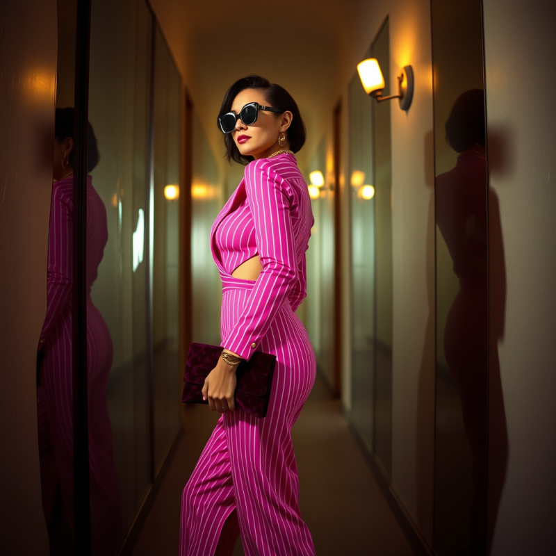 Stylish Woman in a Bold Pink Striped Outfit Poses