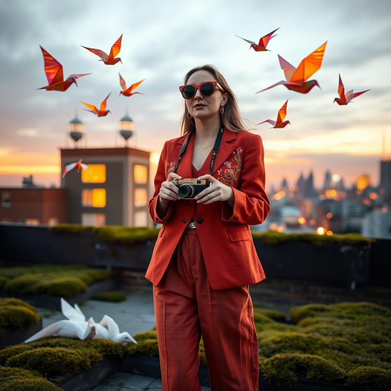 Stylish Woman in a Red Suit Holding a Camera on a