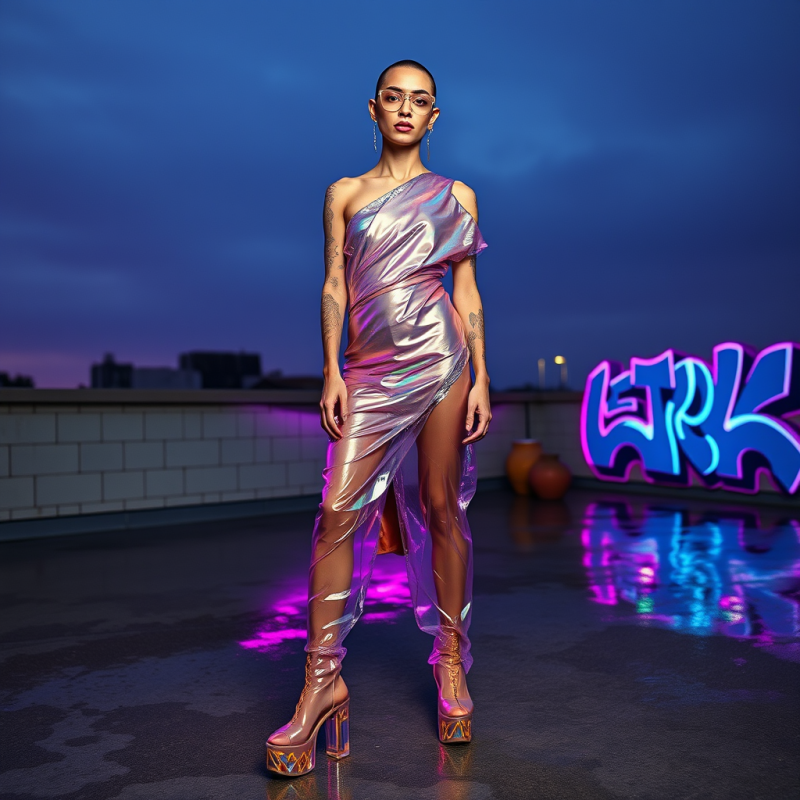 Stylish Woman in a Shimmering, One-shoulder