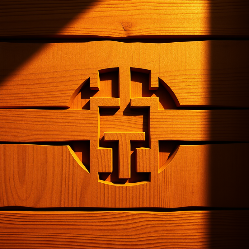 Stylized Carved Wooden Symbol Bathed in Warm Golden