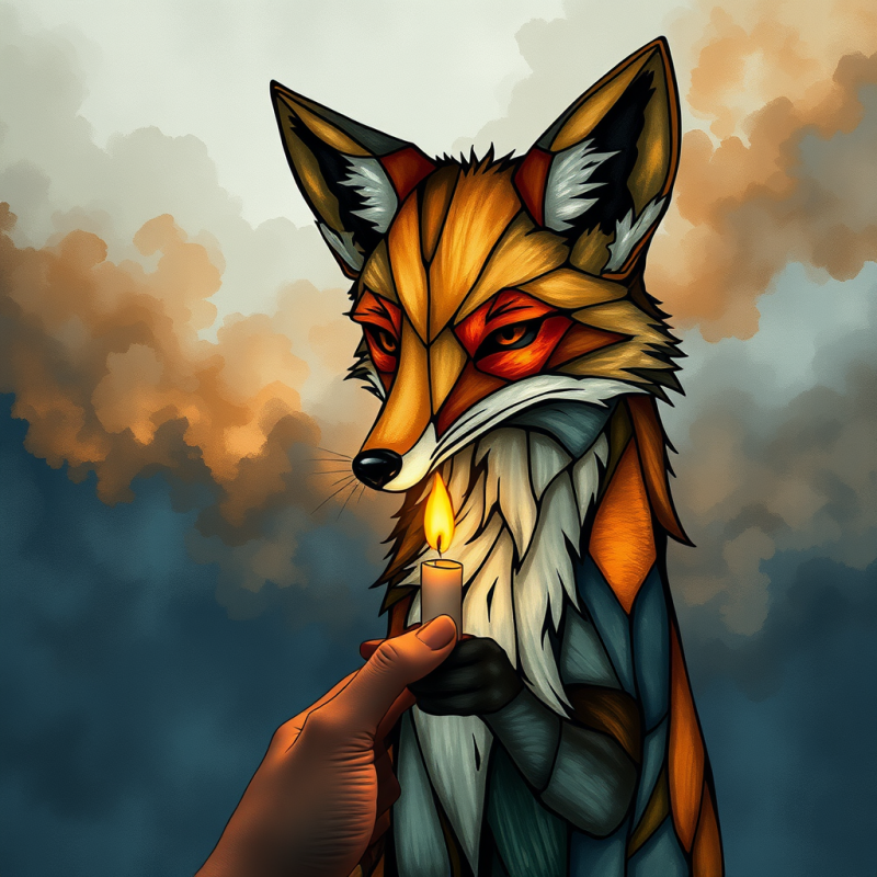 Stylized Fox Holds a Lit Candle Against a Moody,
