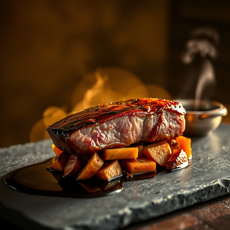 Succulent Seared Steak Rests Atop Roasted Root