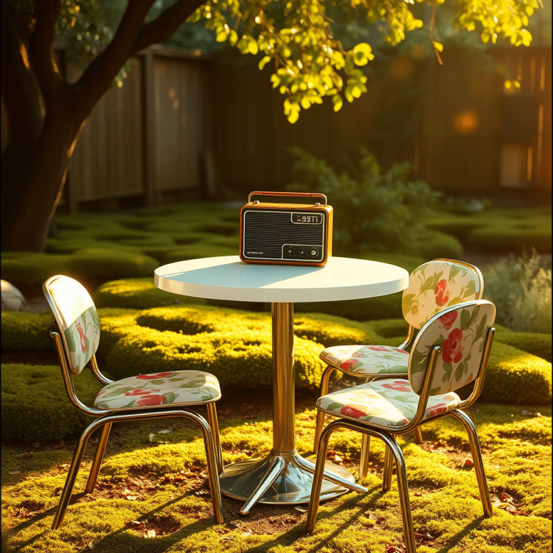 Sun-dappled 1950s Dinette Set Nestled in a Mossy Backyard