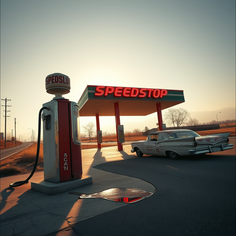 Sun-drenched 1950s Roadside Gas Station