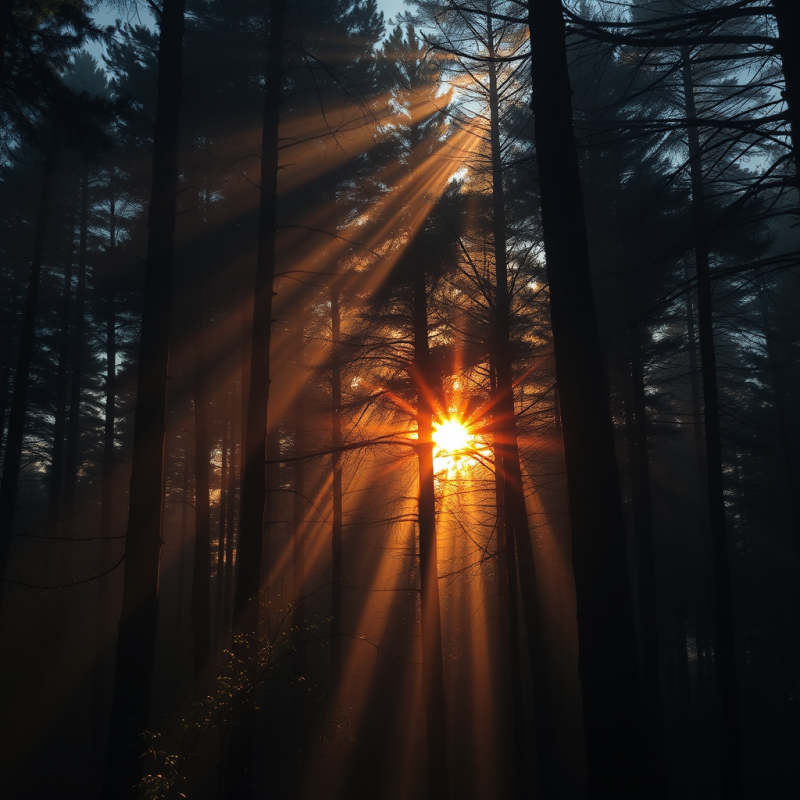 Sunbeams Filtering Through Forest Trees Morning Magic