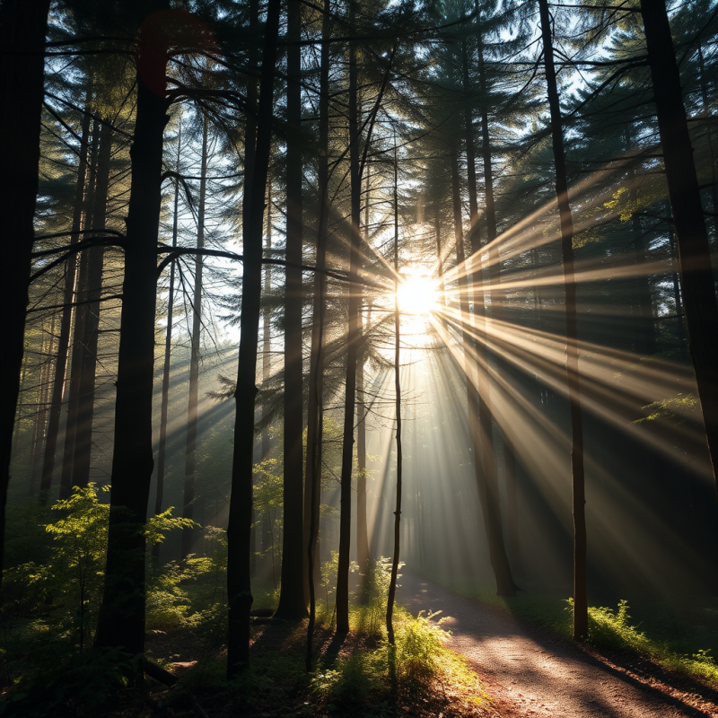 Sunbeams Filtering Through Forest Trees Morning Magic