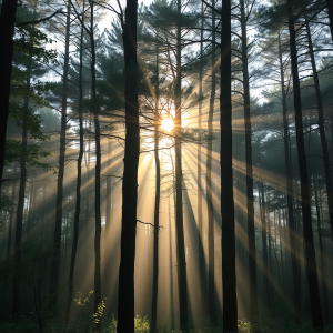 Sunbeams Filtering Through Forest Trees Morning Magic