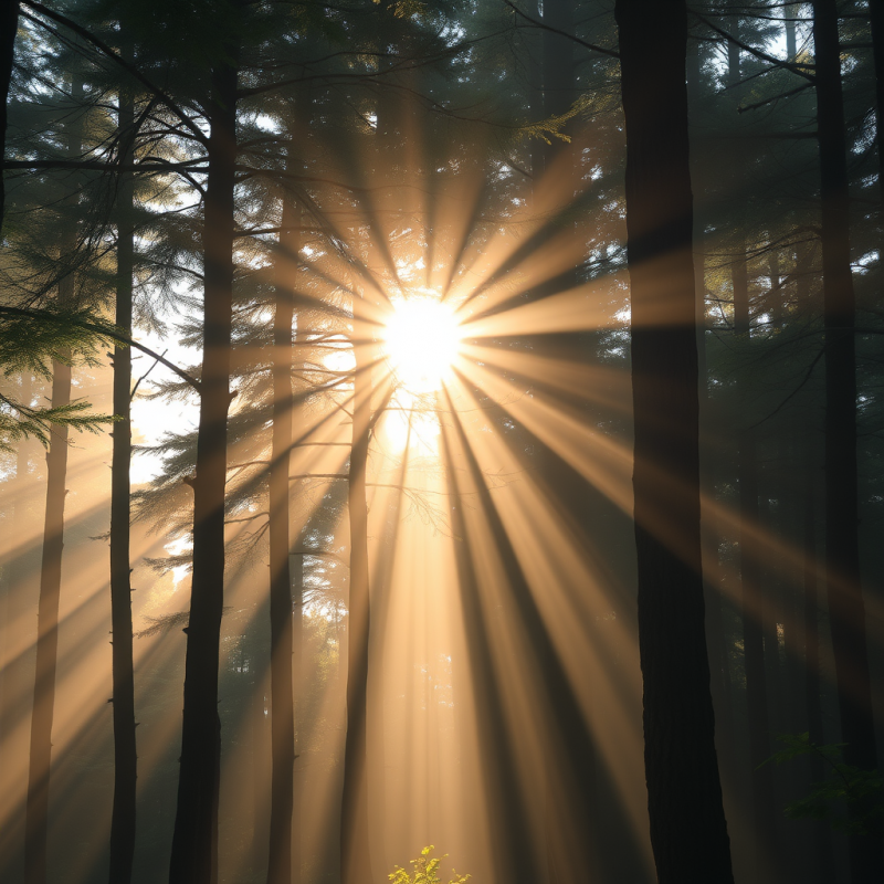 Sunbeams Filtering Through Forest Trees Morning Magic