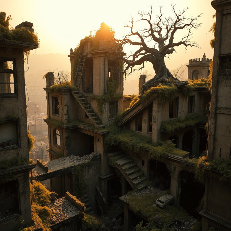 Sunset Over Abandoned Buildings Overgrown with Moss