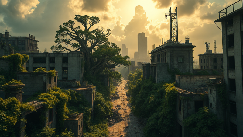 Sunset Over Abandoned City Overgrown with Trees