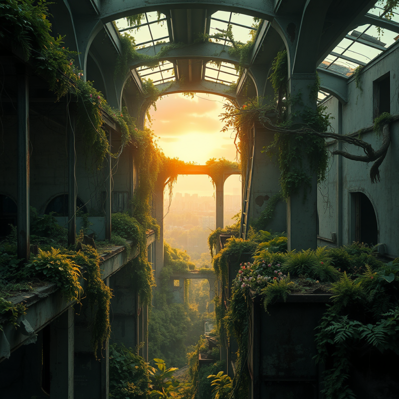 Sunset Through Overgrown Industrial Ruins
