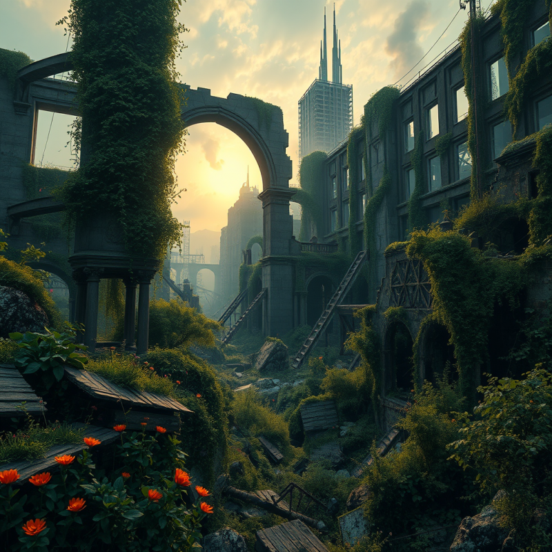 Sunset Through Overgrown Ruins